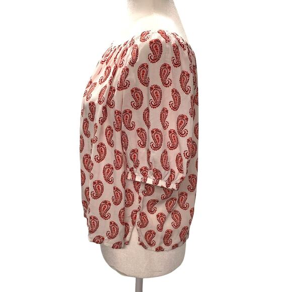 Loft Red White Paisley Blouse Top Off Shoulder Americana Short Sleeve SP - Picture 2 of 7